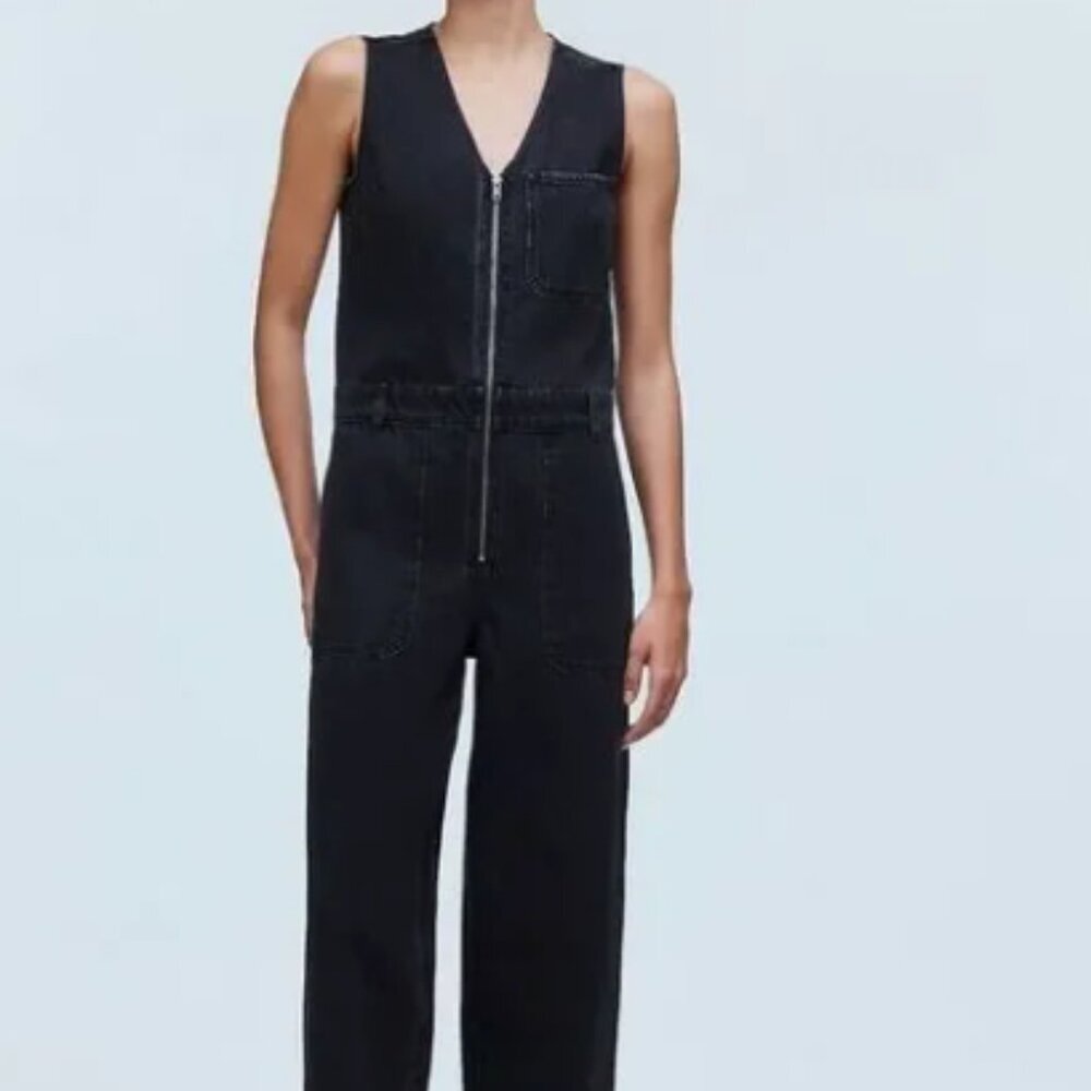 Madewell Women's Black Denim Zip-Front Sleeveless Jumpsuit